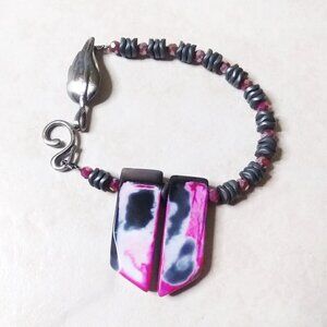 Gray & Rose Pink Agate + Hematite Bracelet! Two-Sided w. Gunmetal Leaf Toggle
